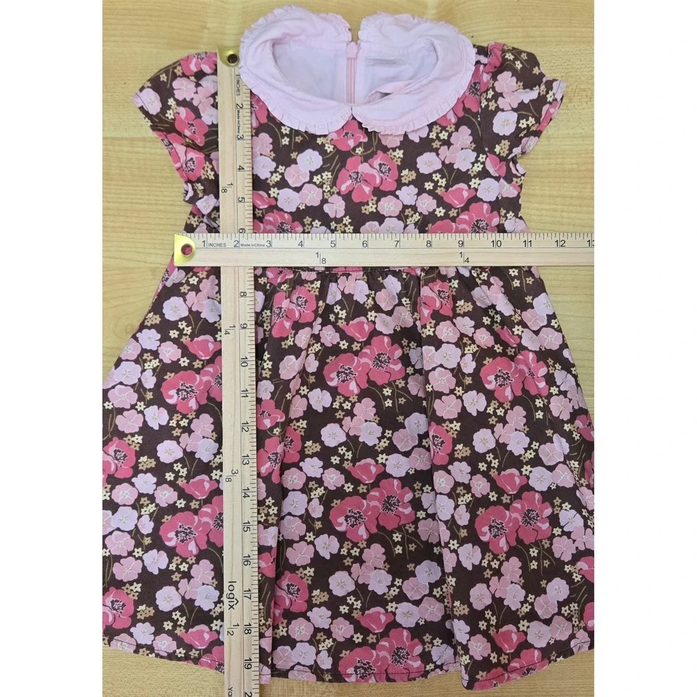 Vintage 2005 Gymboree Girls Pink Brown Floral Peter Pan‎ Collar Cotton Dress 2T